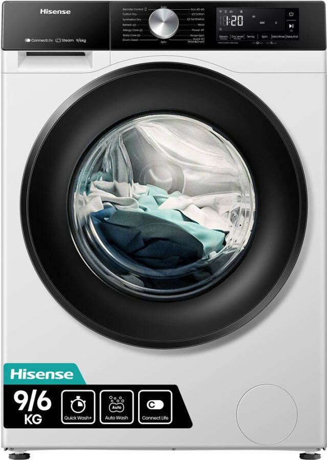 Hisense WD3S9043BW3 Was-droogcombinatie Energieklasse A (-30%) 9 kg wassen 6 kg drogen 1400 toeren Connectlife WiFi Stoomfunctie LED display Inverter motor Wit