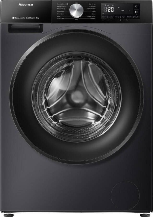 Hisense 3S Serie WF3S9043BB3 Zwarte Wasmachine met Energielabel A -30% 9kg 72dB (A) Steam Wash -1400 toeren Power Wash 49' ConnectLife Inhoud Trommel 60 Liter