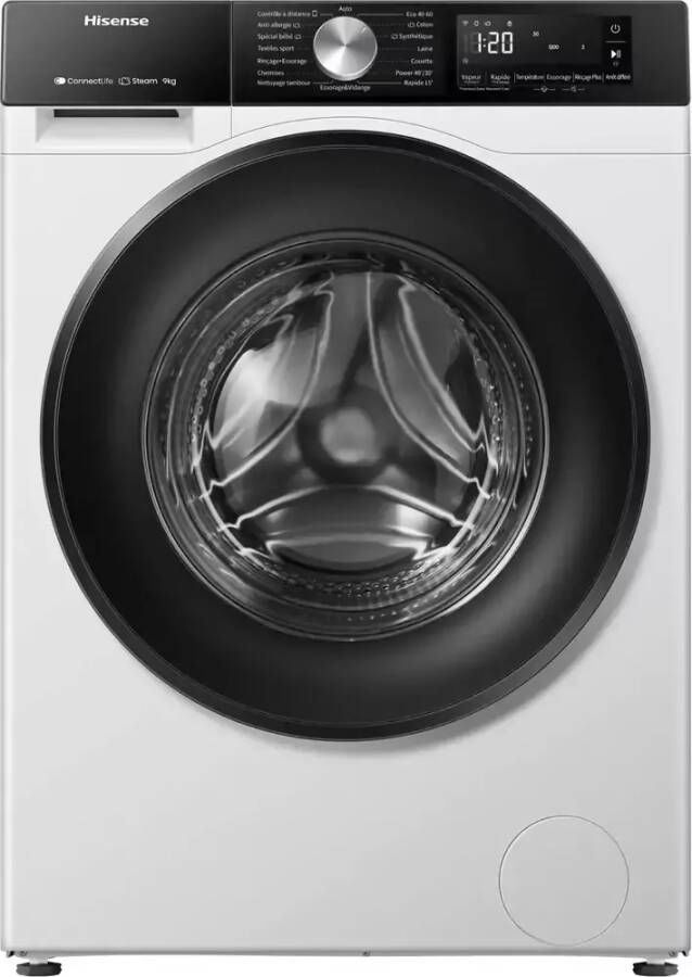 Hisense 3S Serie WF3S9043BW3 BLX Wasmachine met Energielabel A -30% 9kg 72dB (A) Steam Wash -1400 toeren Power Wash 49' ConnectLife Inhoud Trommel 60 Liter