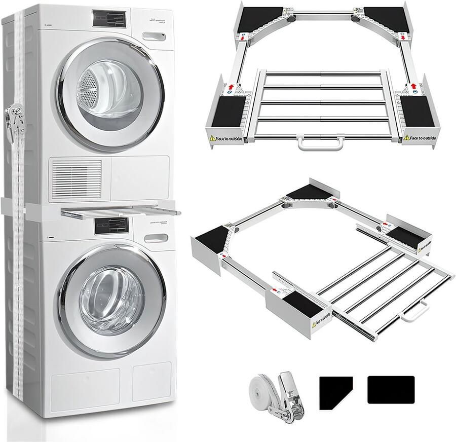 AIMASON Verstelbaar Wasmachine & Droger Stapelrek – Universeel Model – Met Bevestigingsbanden & Anti-slip Pads