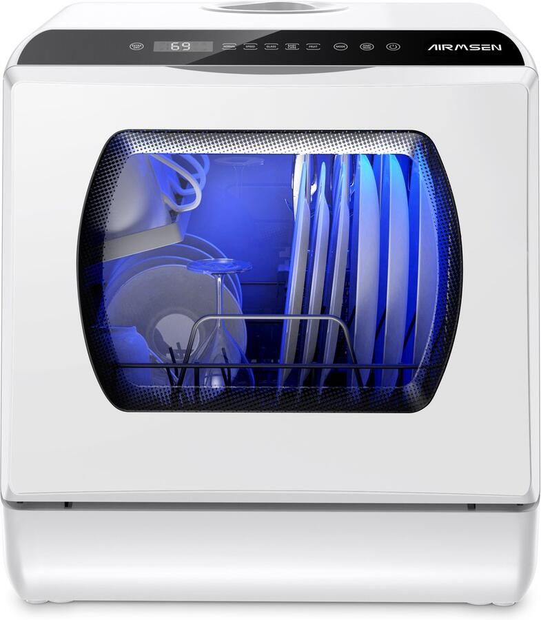 AIRMSEN Mini Vaatwasser Met 5L Watertank Zonder Vaste Wateraansluiting 5+1 Programma's 4 Couverts Vrijstaande Afwasmachine Wit