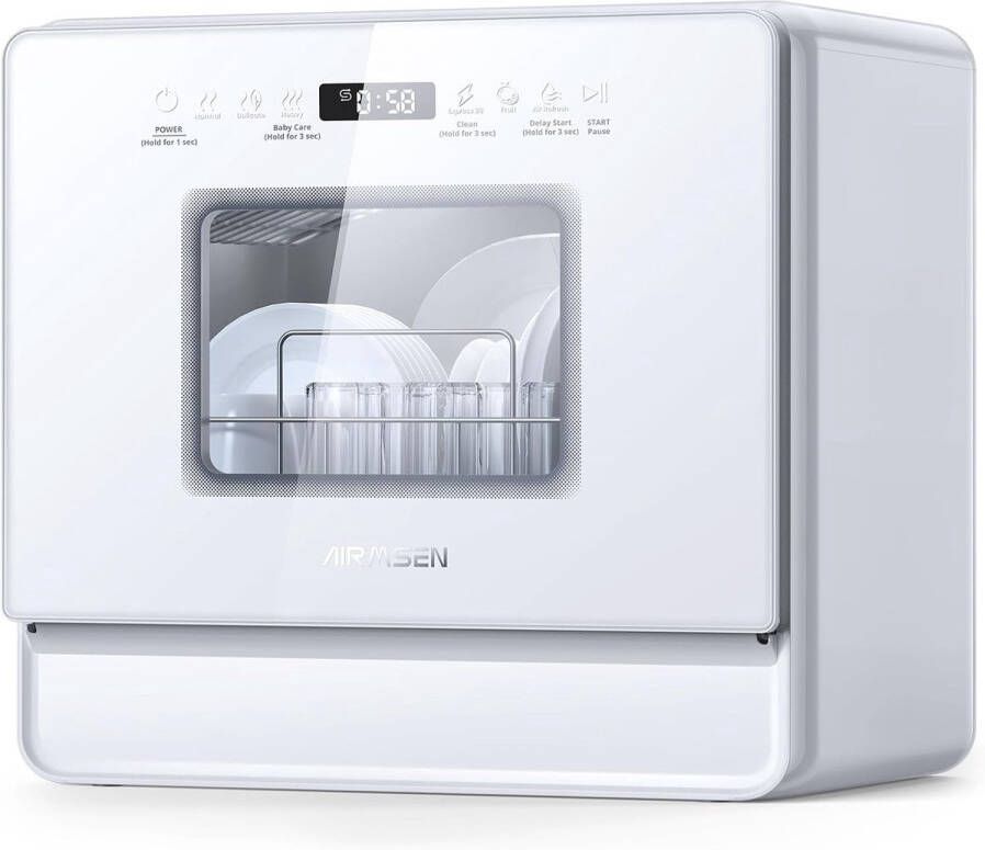 AIRMSEN Mini Vaatwasser Tafelmodel 5 Couverts 9 Programmes 5L Waterreservoir Met Ingebouwde Waterontharder 3 Spuitarmen 12U Vertraging Geen Aansluiting Nodig Wit