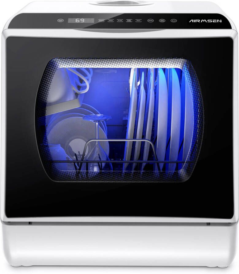 AIRMSEN Mini Vaatwasser Tafelmodel 4 Couverts Vrijstaand Zonder Aansluiting 7 Programma s 5L Waterreservoir – Compact voor Studio of Kleine Keuken