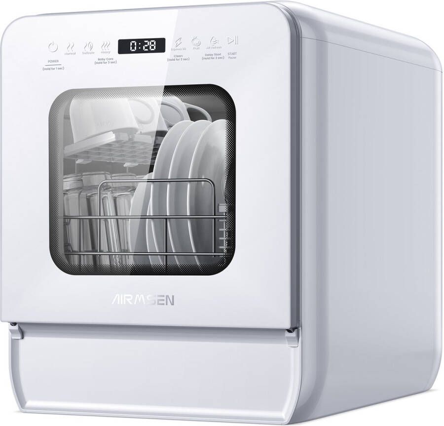 AIRMSEN Mini Vaatwasser Zonder Aansluiting – Compact Tafelmodel – 5L Reservoir – 9 Programma s – Automatische Reiniging – Uitgestelde Start 24U – Wit