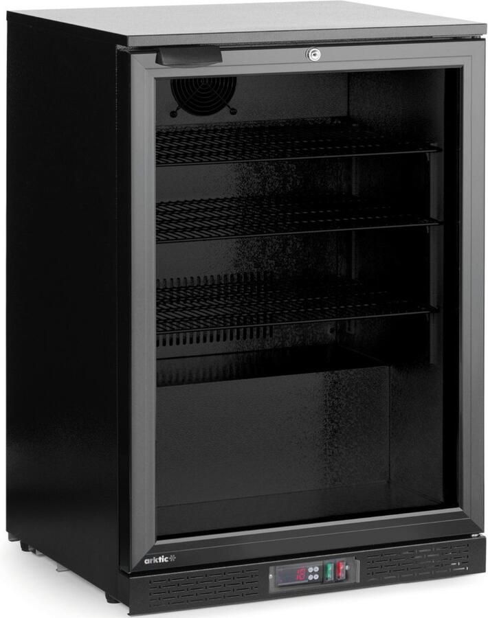 Arktic achterbar koelkast enkeldeurs 105 liter gepoedercoat staal gehard glas 60x53x87 cm zwart geventileerde koeling horeca drankopslag