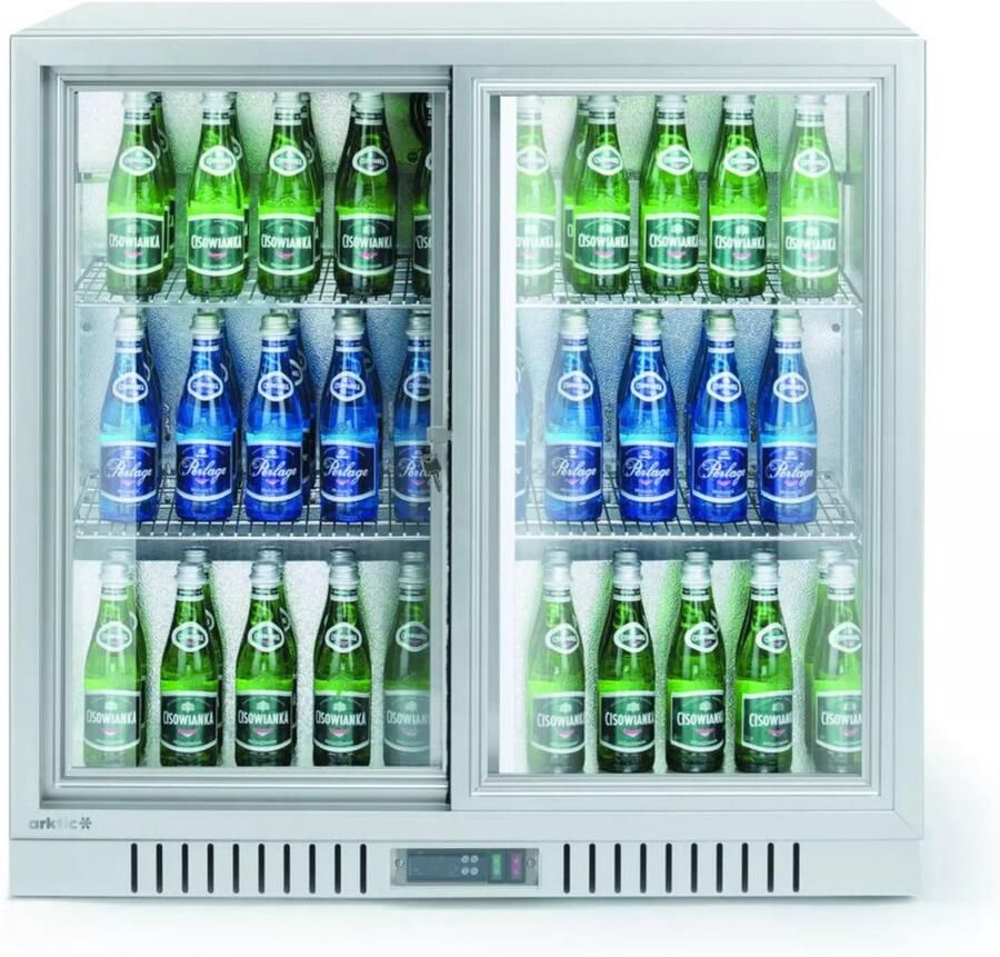 Arktic achterbar koelkast met zelfsluitende schuifdeuren staal en gehard glas 90 x 52 x 84 cm zilver 150 liter drankkoeling voor horeca en bar