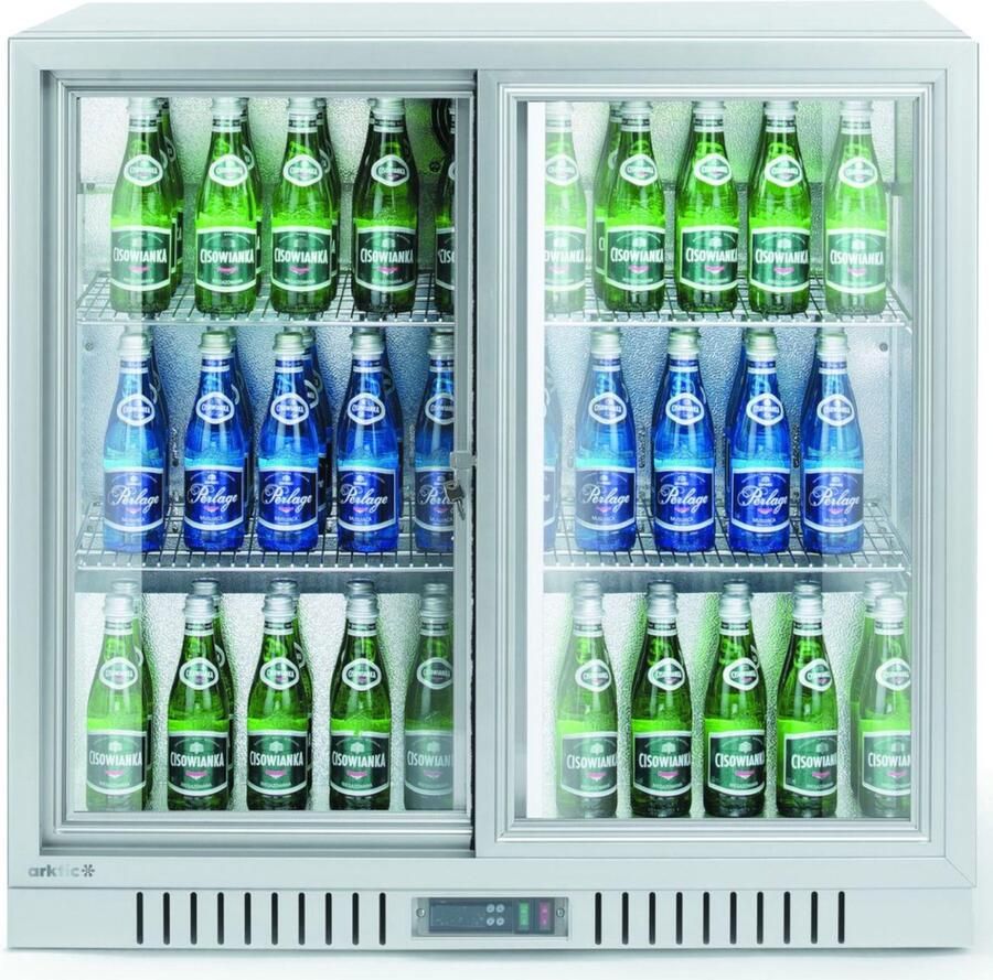 Arktic achterbar koelkast met zelfsluitende schuifdeuren staal en gehard glas 90 x 52 x 84 cm zilver 150 liter drankkoeling voor horeca en bar