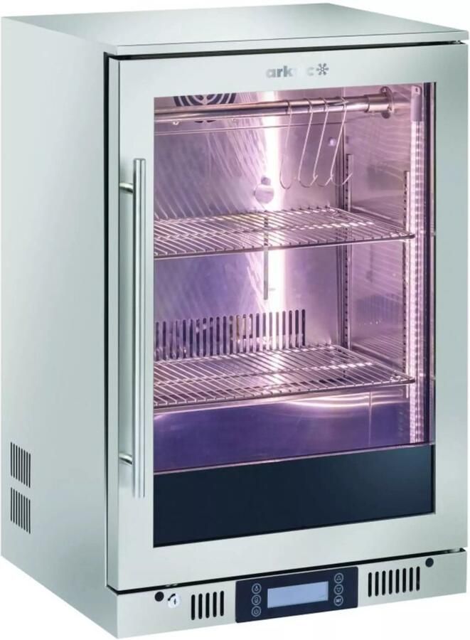 Arktic onderbouw vleesrijpingskast roestvast staal en getint gehard glas 138 liter 60x54 5x90 cm zilverkleurig voor slagerij en horeca