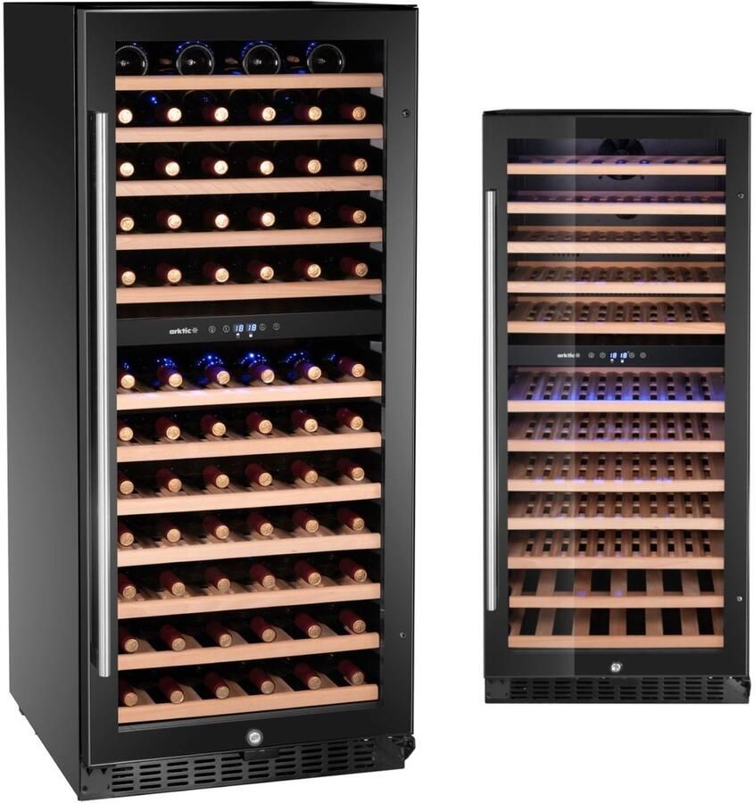 Arktic Wijnklimaatkast staal en glas 2 temperatuurzones 124 flessen 265 liter 569x595x(H)1397 mm zwart voor horeca en thuis