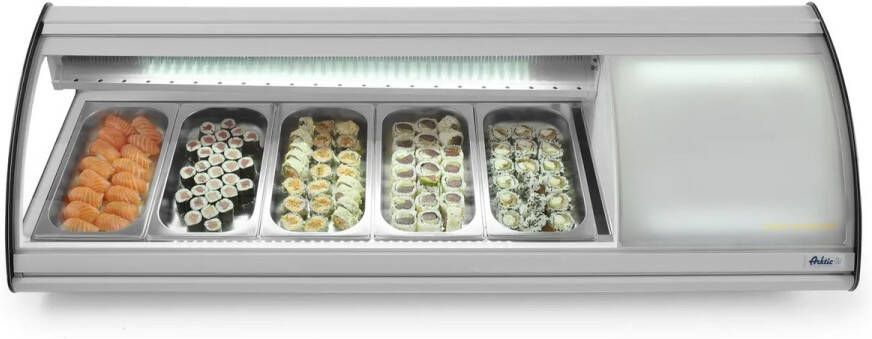 Arktic Sushi-display met gebogen glazen afdekking – 5x GN 1 3 – LED-verlichting – 0˚C tot 6˚C – 1307x445x327 mm