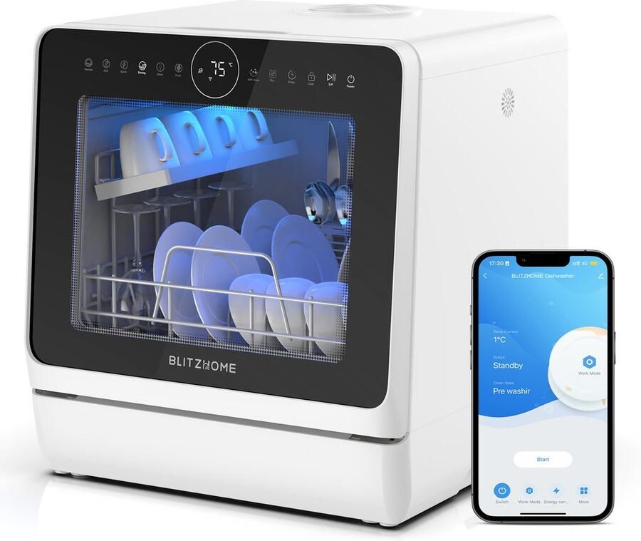 BlitzHome Vaatwasser BH-4-CDW – compacte tafelmodel 5L 8 programma s 360° sproeiarmen hete-lucht droging app-besturing kinderslot EU-stekker