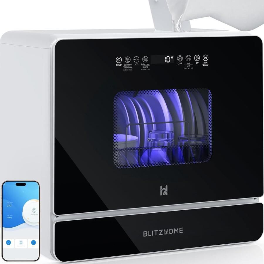 BlitzHome Vaatwasser BH-6-CDW1 – draagbaar tafelmodel 5 2L 9 programma's PTC hete lucht droging 3D 360° sproei app-bediening EU-stekker