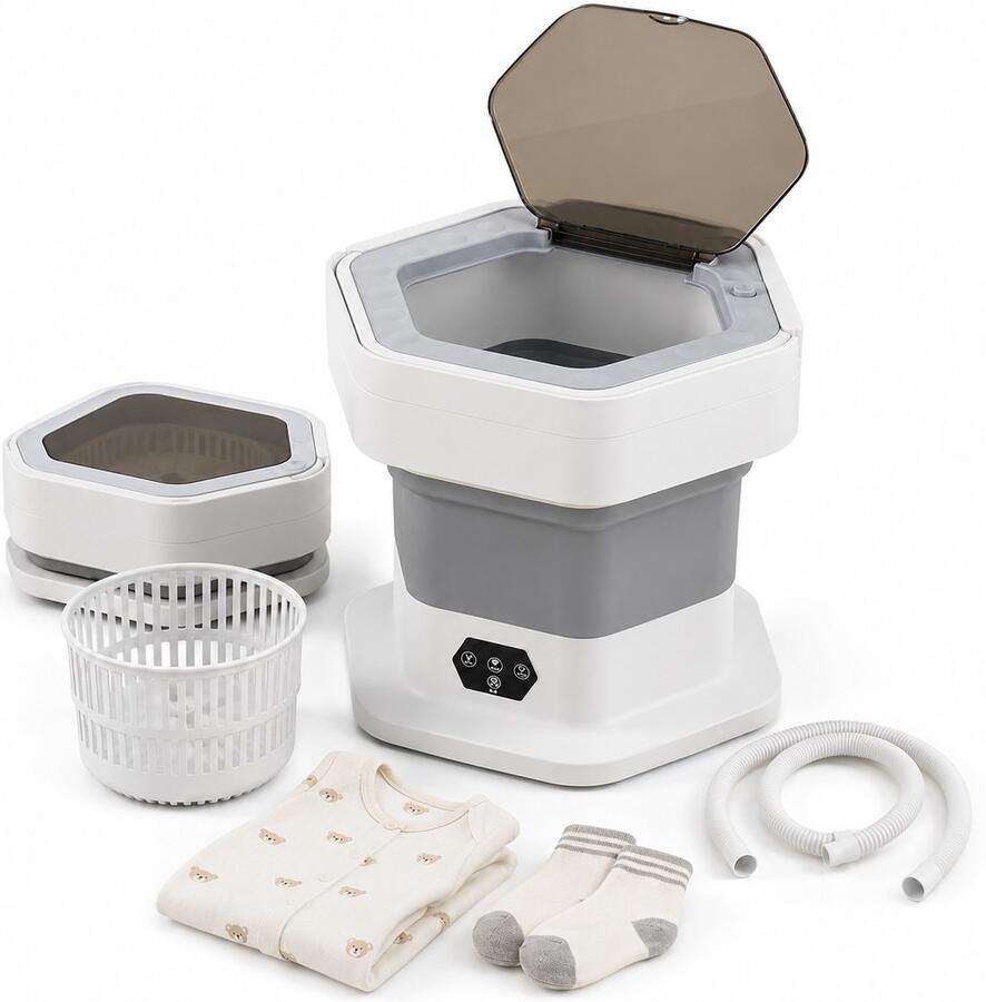 Bobypet Mini wasmachine Draagbare wasmachine Opvouwbare wasmachine Camping wasmachine Kleine wasmachine Voor appartement en studentenkamer 30*30*28CM Grijs