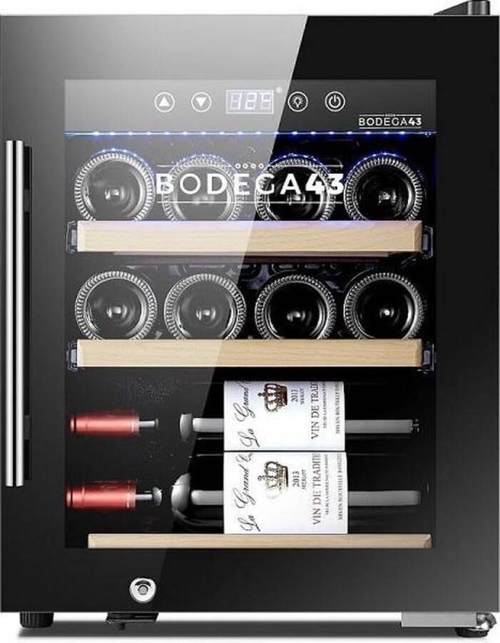 BODEGA43 -12C Design klein wijnkoelkast met compressor 12 flessen 3 houten lades Vrijstaand wijnklimaatkast Zwart
