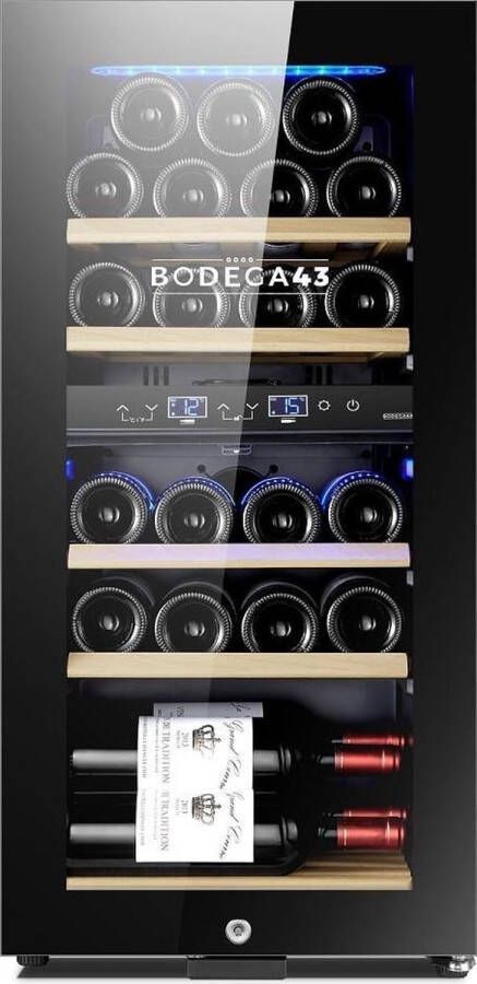 BODEGA43 -22 Luxe wijnklimaatkast 2 temperatuurzones met compressor 22 flessen 7 houten lades LED Touchpanel Vrijstaand wijnkoelkast Zwart