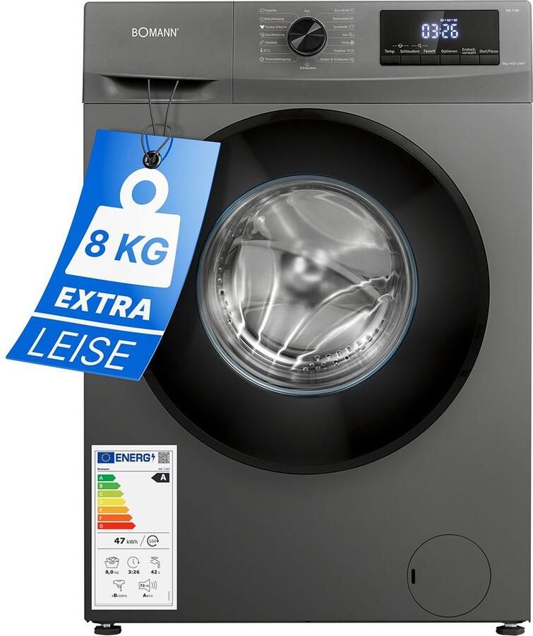 Bomann WA 7185 T Wasmachine 8KG 1400 toeren 15 programma's Stoomfunctie Energieklasse A 10 jaar motorgarantie
