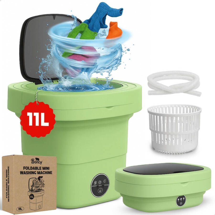 Boncy Premium Mini Wasmachine met centrifuge 11L Groen Compacte Opvouwbare Miniwasmachine Kleine Wasmachine Opvouwbaar Ideaal voor Camping Apartement Kamer of Reizen 4 kg +