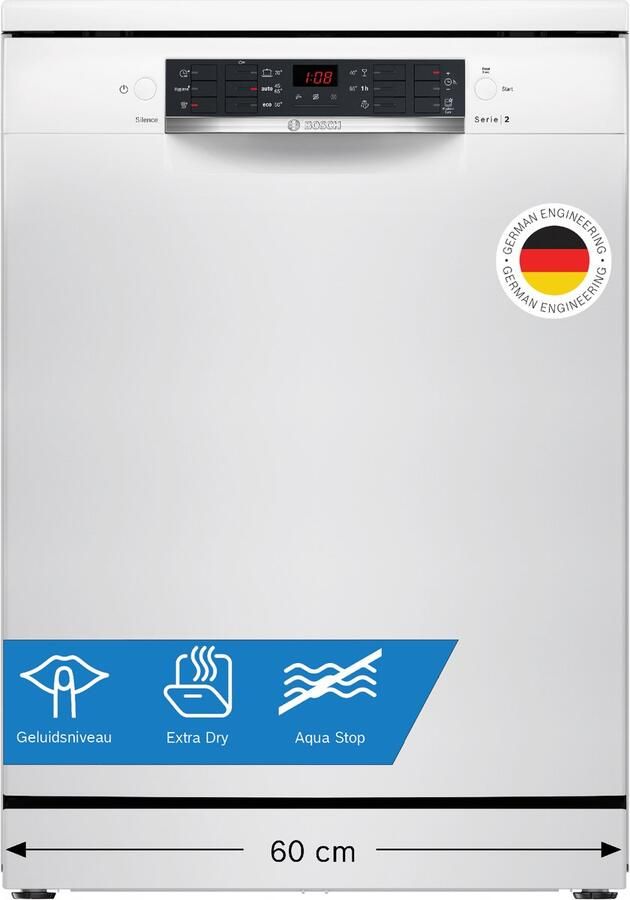 Bosch SMS26AW01F Serie 2 Vaatwasser Vrijstaande vaatwasser 60 cm Wit Extra Droog: optie voor extra grondige droogresultaten