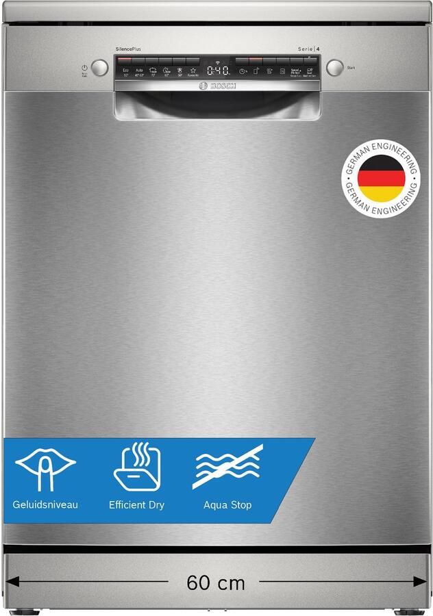 Bosch SMS4EAI28E Serie 4 Vrijstaande vaatwasser 60 cm Geborsteld staal Anti-fingerprint Energielabel A Home Connect