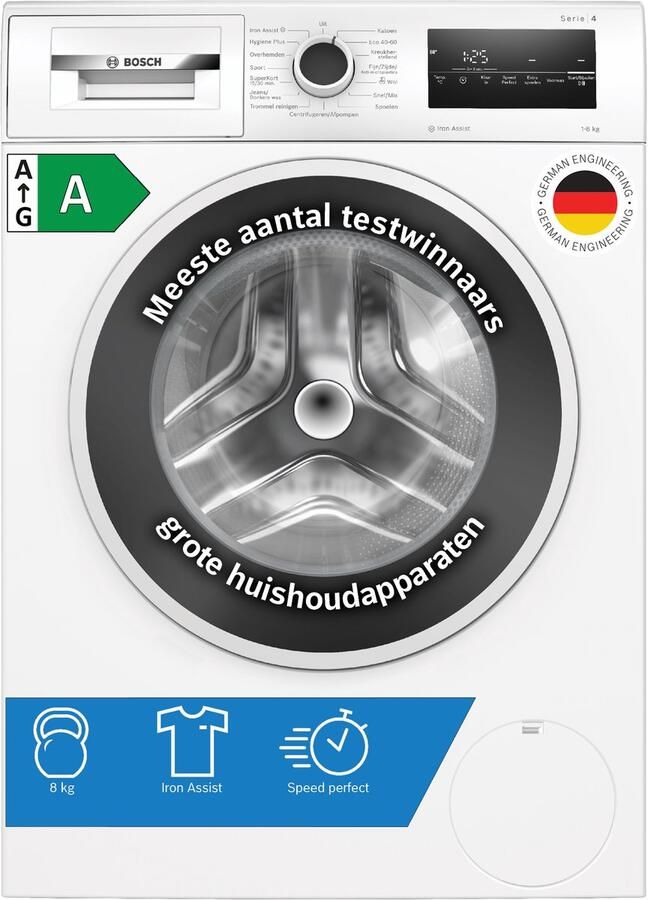 Bosch WAN2827BNL Serie 4 Wasmachine met stoom 1400 rpm Energielabel A Iron Assist: vermindert kreukels tot 50% Stil Bespaar water met ActiveWater Plus Sneller met SpeedPerfect
