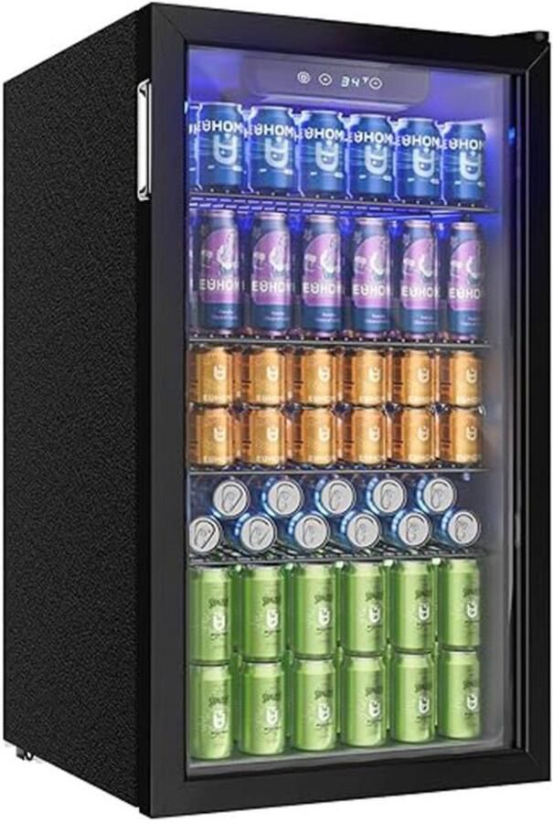 Casa Living Koelkast Drankenkoelkast met Glazen Deur 90 Liter 126 Blikjes Verstelbare Planken LED Verlichting Zwart