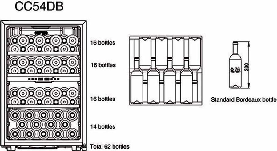 CaveCool Wijnkoelkast Chill Topaz – 62 flessen 2 temperatuurzones zwart