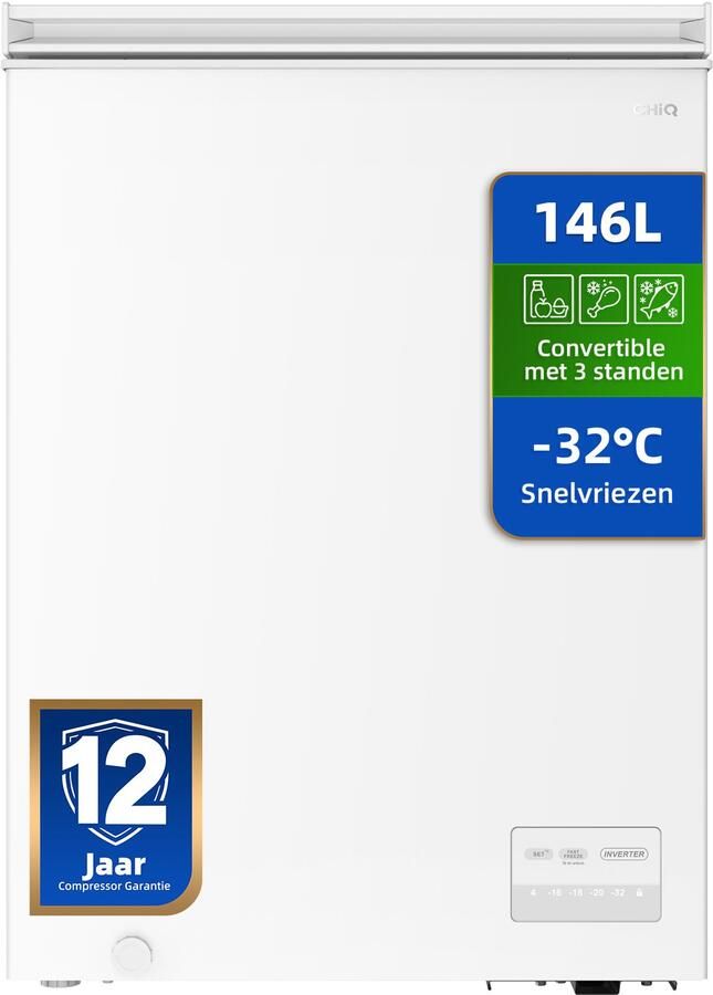 Chiq CCF146DWE Vrieskist 146 L 4-sterren Inverter Technologie Digitaal LED Display Snelvriezen tot -32°C Wit 39 dB 12 Jaar Garantie op Compressor