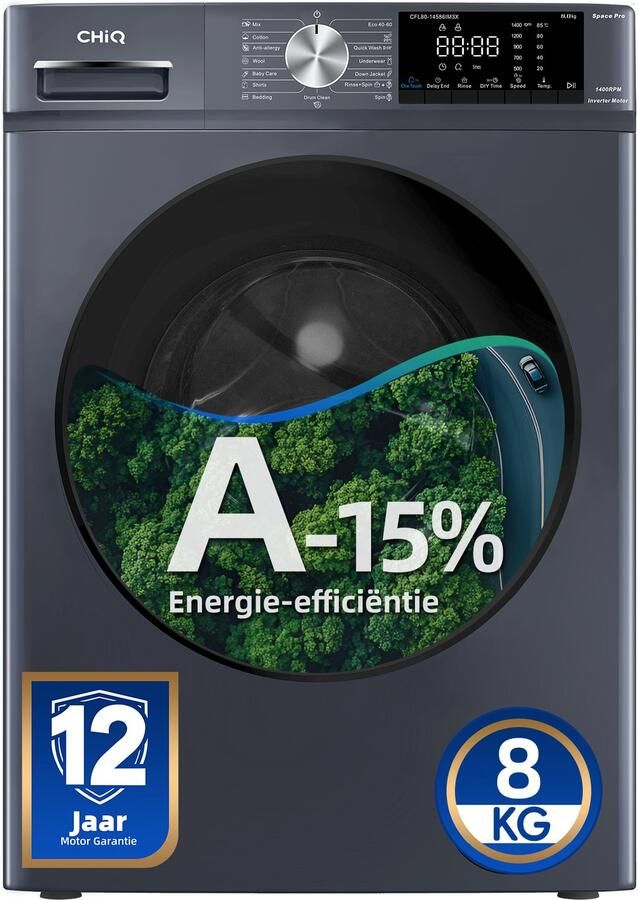 Chiq CFL80-14586IM3XA Wasmachine 8 KG Space Pro 16 programma's AI Smart Stoomwassen & Quick Wash 12 jaar garantie op motor Energieklasse A