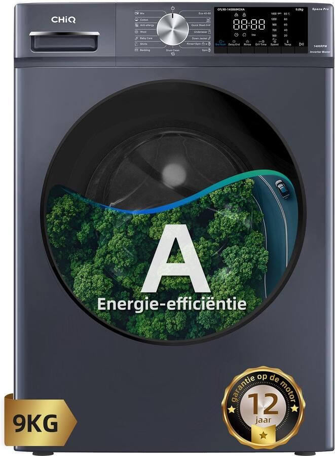 Chiq CFL90-14586IM3XA Wasmachine 9 KG Space Pro 16 programma's AI Smart Stoomwassen & Quick Wash 12 jaar garantie op motor Energieklasse A