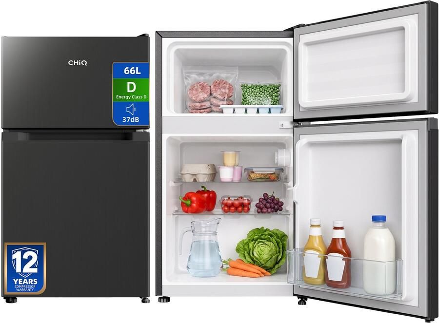 Chiq CTM68LGD Tafelmodel Koelkast Met Vriesvak Totaal 66 Liter Energielabel D Stil: 37dB Zwart 12 jaar garantie op compressor 2026 Nieuw