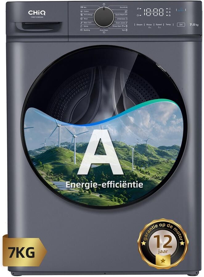 Chiq CW07123863AX Wasmachine 7 KG Space Pro 16 programma's AI Smart Stoomwassen & Quick Wash 12 jaar garantie op motor Energieklasse A 2025 Nieuw