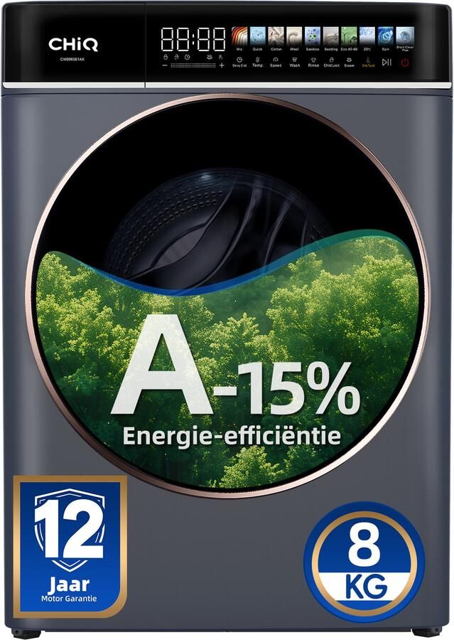 Chiq CW086581AX Wasmachine 8 KG Full service Space Pro Energielabel A-10% 13.5 Inch Led-touchscreen 12 programma's AI Smart Stoomwassen & Quick Wash 12 jaar garantie op motor 2025 Nieuw