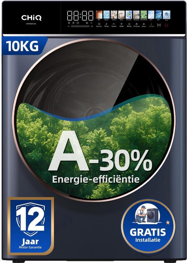 Chiq CW106581AX Wasmachine 10 KG Full service Space Pro Energielabel A-10% 13.5 Inch Led-touchscreen 12 programma's AI Smart Stoomwassen & Quick Wash 12 jaar garantie op motor