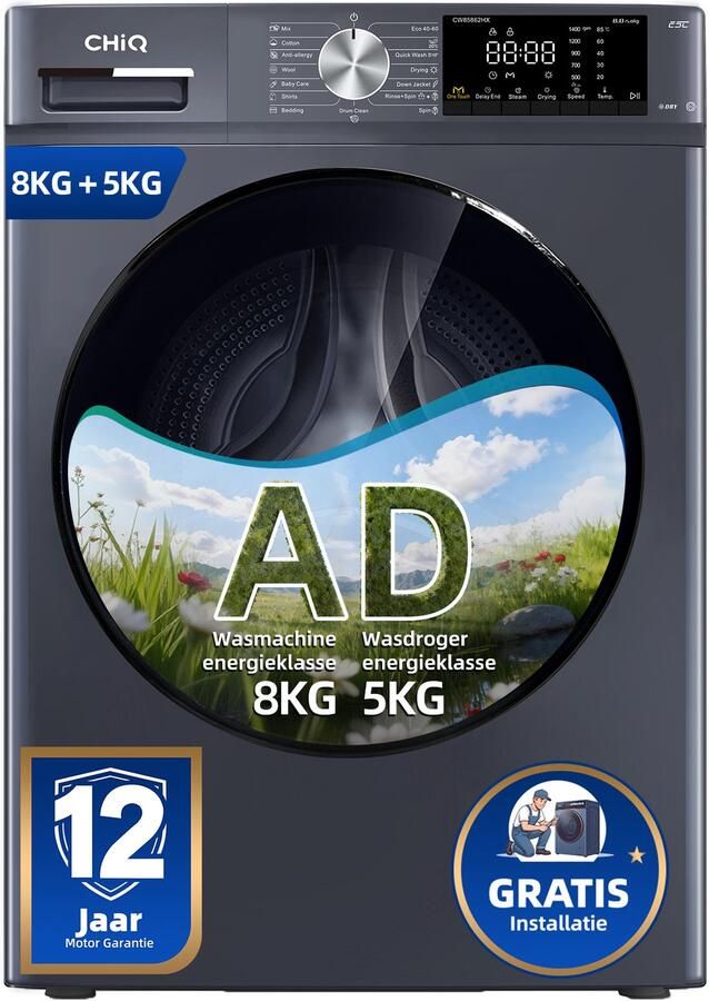 Chiq CW85862HX Was-droogcombinatie Gratis installatie 8+5KG OneTouch Smart Wash 15 programma's Stoom & Allergiezorg Klasse A D 12 jaar garantie op motor 2026 Nieuw