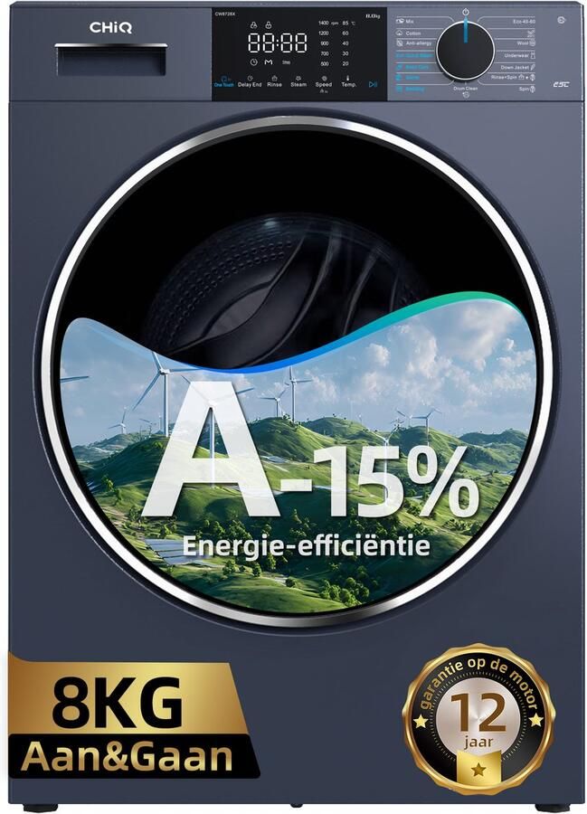 Chiq CW8728X Wasmachine 8 KG Space Pro Energieklasse A-15% Plat ingebouwd-16 programma's AI Smart 12 jaar garantie op motor 2026 Nieuw