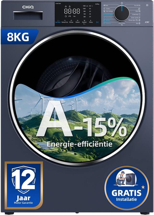 chiq CW8728X Wasmachine 8 KG Gratis installatie Plat ingebouwd A-15% 16 programma's AI Smart 12 jaar garantie op motor 2026 Nieuw