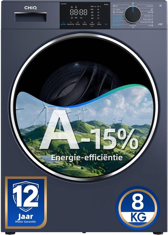 Chiq CW8728X Wasmachine 8 KG Space Pro Energieklasse A-15% Plat ingebouwd-16 programma's AI Smart 12 jaar garantie op motor 2026 Nieuw