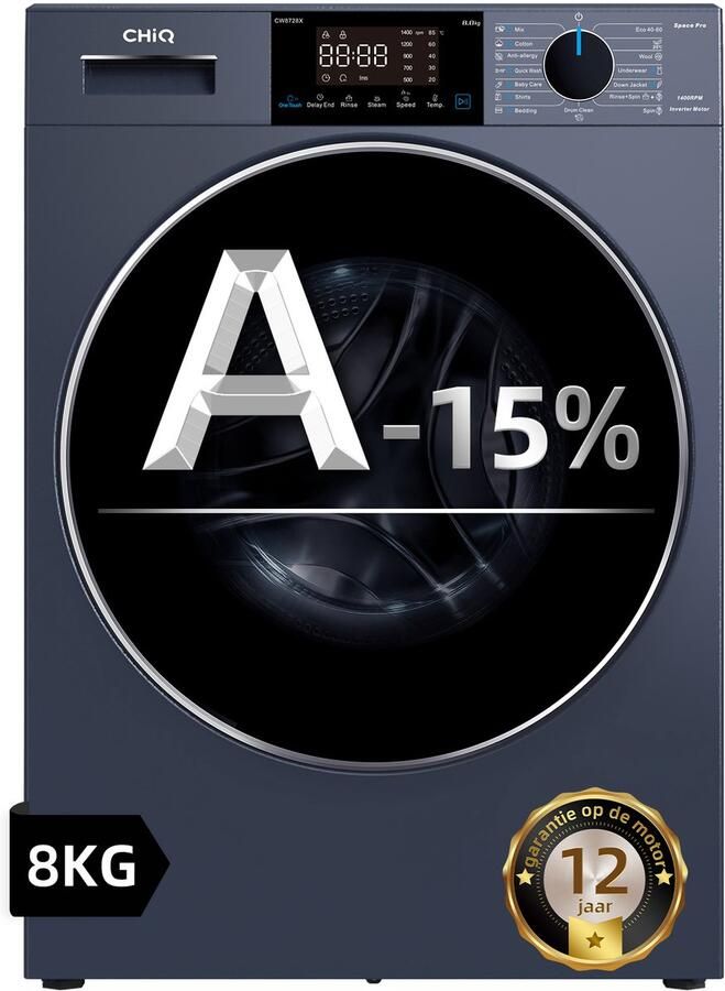 Chiq CW8728X Wasmachine 8 KG Space Pro 16 programma's AI Smart 12 jaar garantie op motor Energieklasse A-15%