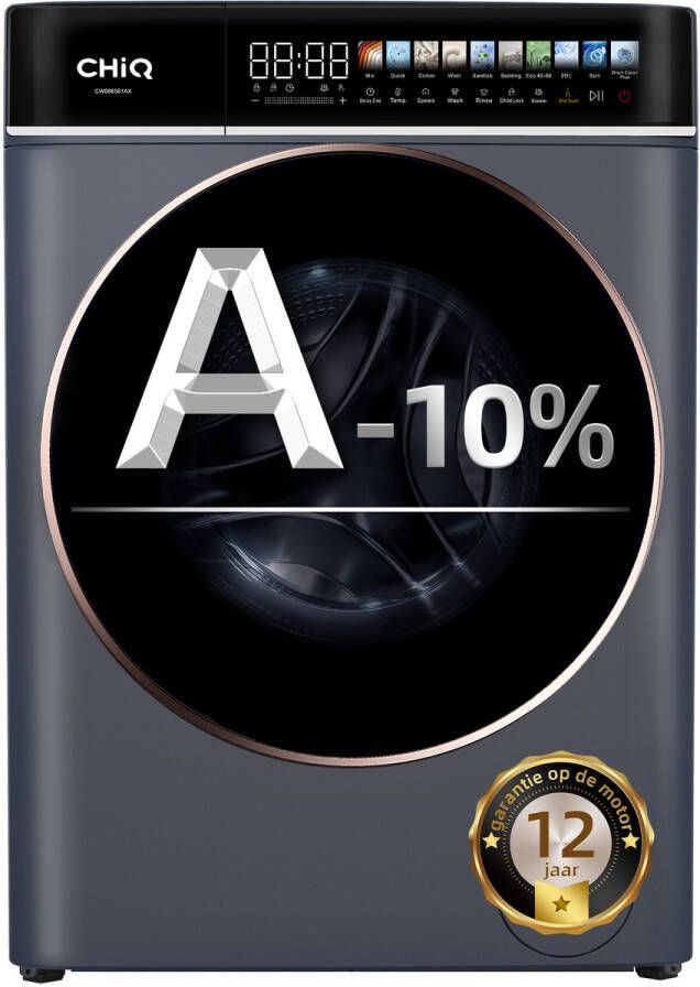 Chiq CW086581AX Wasmachine 8 KG Full service Space Pro Energielabel A-10% 13.5 Inch Led-touchscreen 12 programma's AI Smart Stoomwassen & Quick Wash 12 jaar garantie op motor 2025 Nieuw