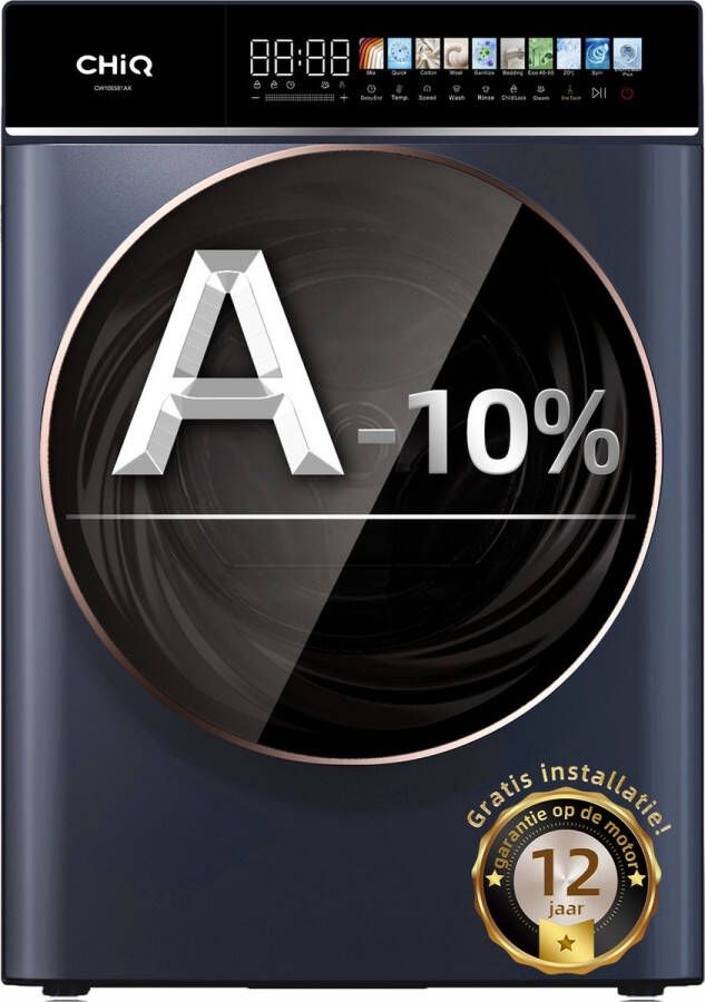 Chiq CW106581AX Wasmachine 10 KG Full service Space Pro Energielabel A-10% 13.5 Inch Led-touchscreen 12 programma's AI Smart Stoomwassen & Quick Wash 12 jaar garantie op motor