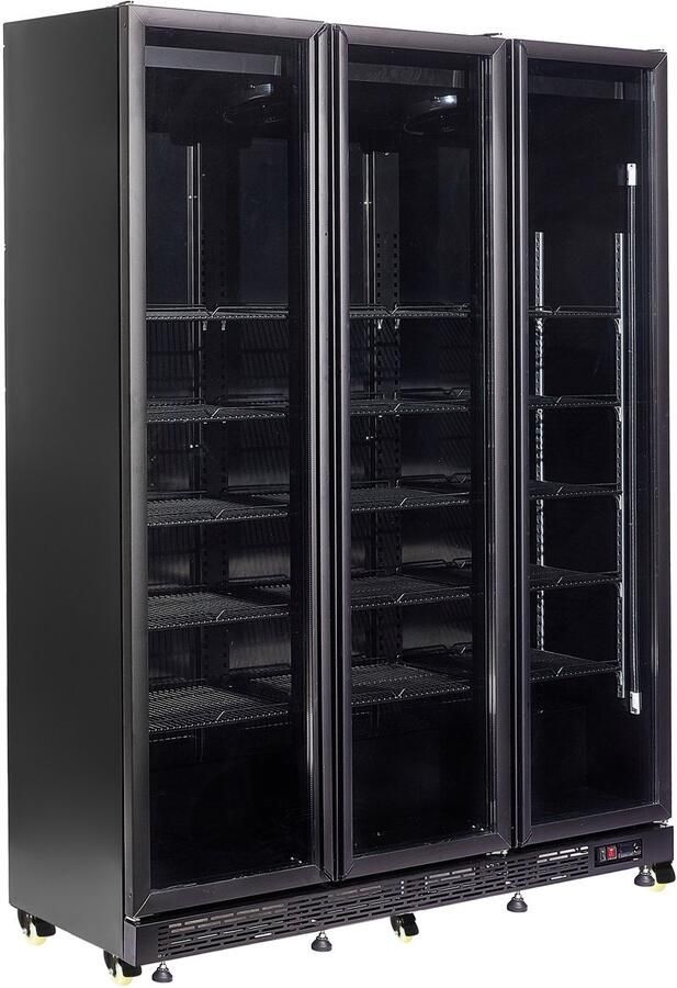 Combisteel Koelkast Nap Serie 1200L Zwart Deurverwarming Geforceerd 3 Glasdeuren Wielen 1600x600x2100mm Horeca