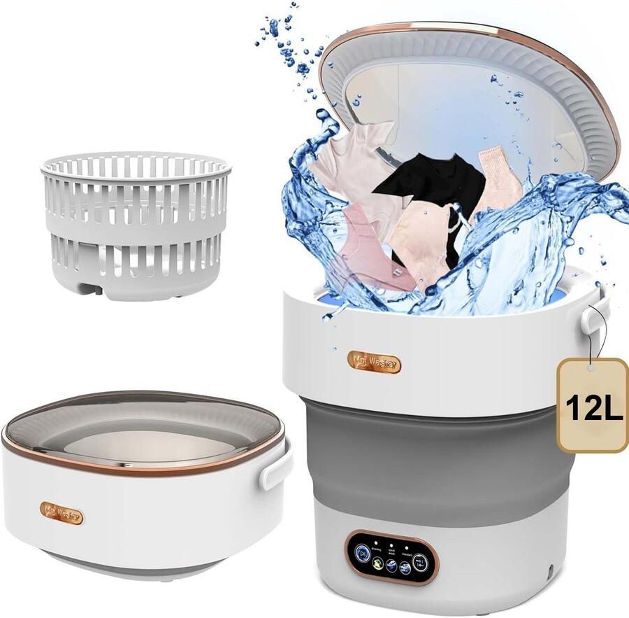 COOAU Kleine Wasmachine Mini Wasmachine Opvouwbaar Camping Wasmachine Mini Wasdroger 12L Geschikt om te Kamperen Grijs