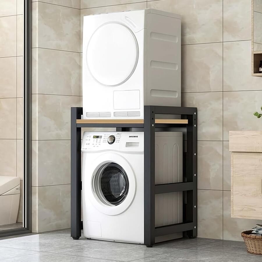 Corenia Wasmachine- en Drogerstandaard – Wasmachinehouder – Stapelrek – Wasmachine Lift – Drogerrek – Verstelbare Hoogte – Stevig Smeedijzer Teak Kleur - Foto 2