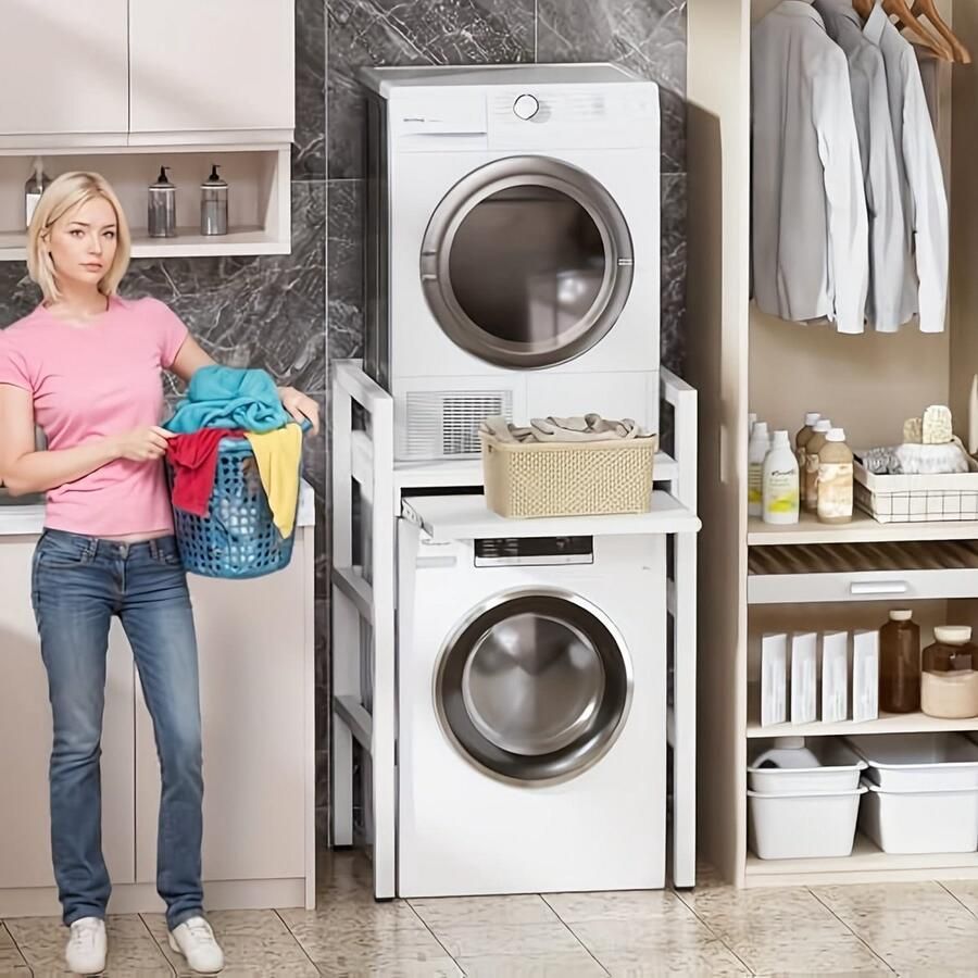 Corenia Wasmachine Rek – Drogerrek – Wasruimte Organizer – Wasmachine Plank – Wasmachine Kast – Verstelbaar In Hoogte – Versterkt Koolstofstaal 350kg Draagvermogen – Wit Zwart - Foto 3