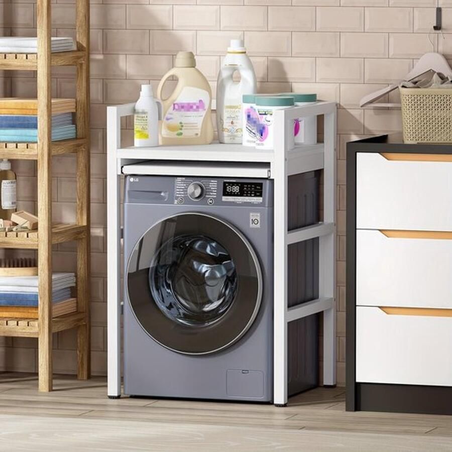 Corenia Wasmachine Rek – Drogerrek – Wasruimte Organizer – Wasmachine Plank – Wasmachine Kast – Verstelbaar In Hoogte – Versterkt Koolstofstaal 350kg Draagvermogen – Wit Zwart