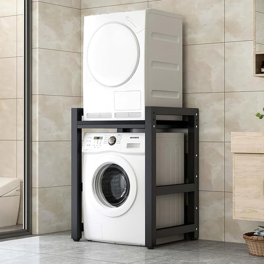 Corenia Wasmachine standaard – Wasdroger rek – Verhoger – Opbouwmeubel – Opbergrek – Verstelbaar in hoogte – Zwart smeedijzer met plank