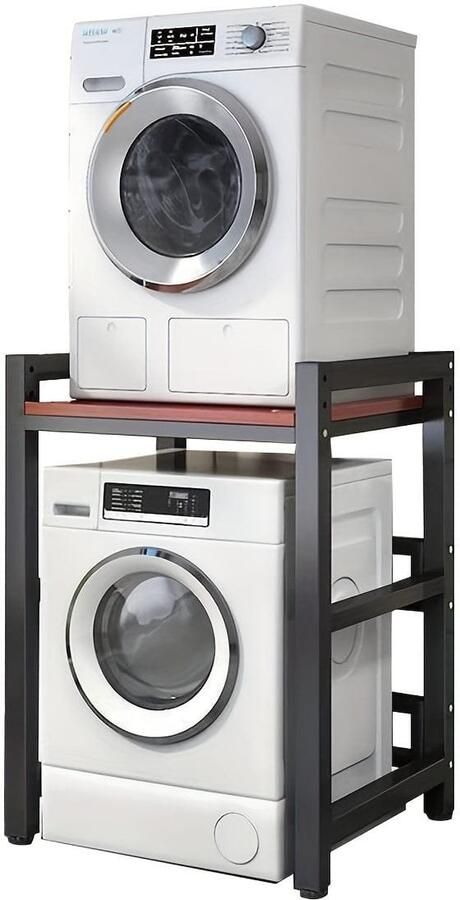 Corenia Wasmachine Standaard – Wasmachine Verhoger – Droger Steun – Opbouwmeubel – Stapelrek – Verstelbare Hoogte – Stevig Smeedijzer Met Walnoot Afwerking