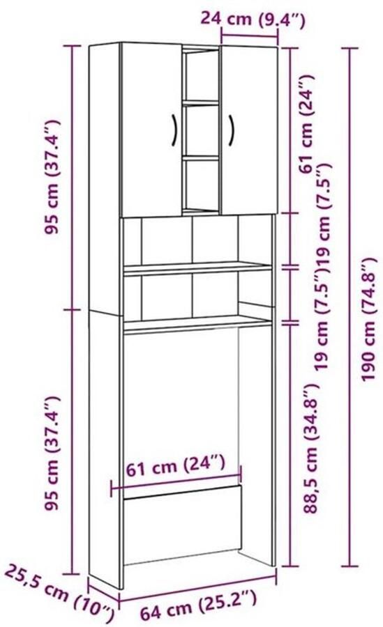 Corenia Wasmachinekast – Wasmachine Meubel – Wasmachine Ombouw – Opbergkast – Badkamerkast – Sonoma Eiken – 64x25 5x190 cm – Hoogwaardig Hout – Veel Opbergruimte