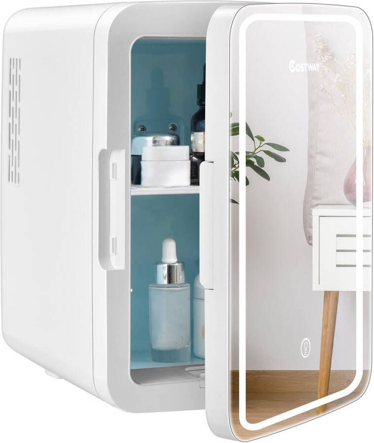 Costway Mini koelkast 10 L Draagbare AC DC schoonheid koelkast met LED-spiegel afneembare planken voor huidverzorging make-up drank Compacte koelkast Thermo-elektrische koeler verwarming voor auto slaapkamer
