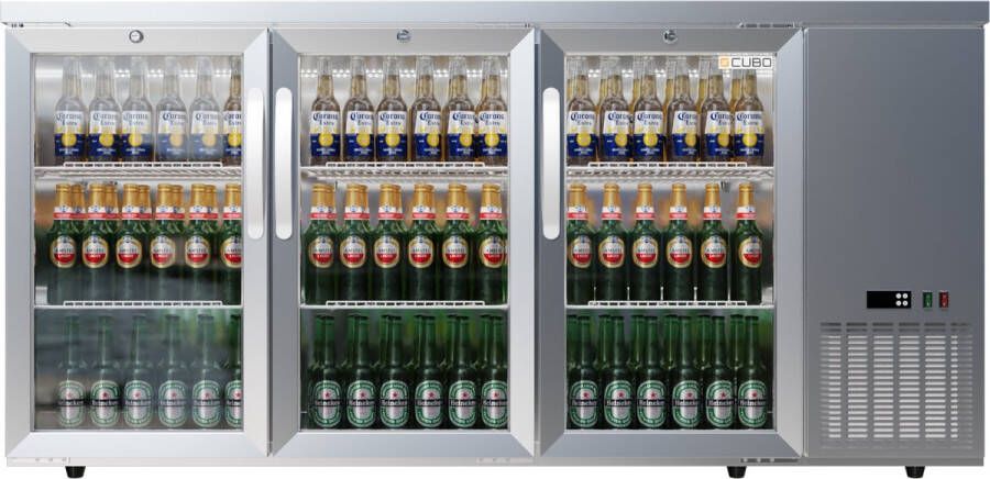 CUBO Barkoelkast met hoge capaciteit 516L 3 scharnierende glazen deuren roestvrij staal lage zijkoeling 470 flessen CS-526HR